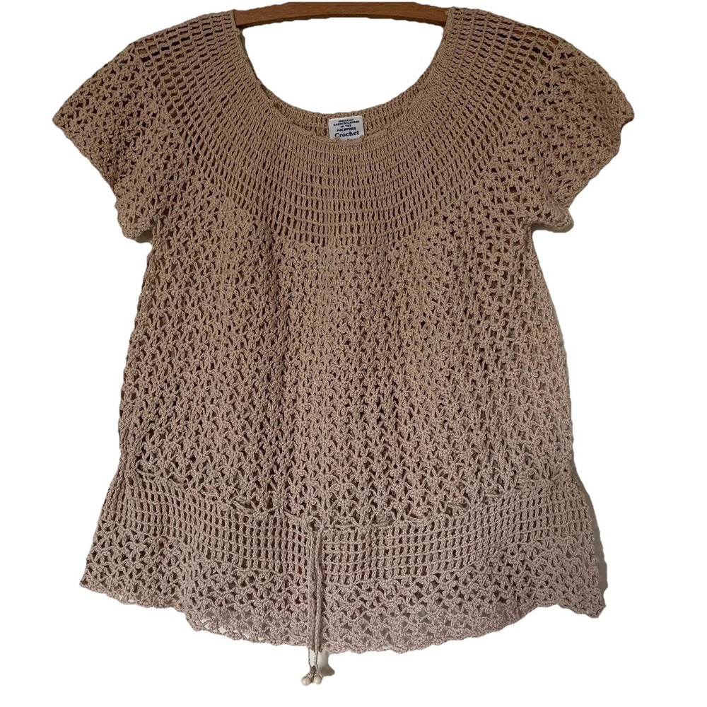 VTG Crochet Short Sleeve Women's Top Open Knit Hand CROCHET FANTASY Stretch SZ-S